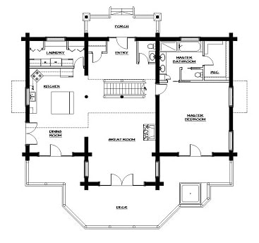 四卧室两层原木住宅的主平面平面图，设有大房间，综合厨房和餐厅以及主套房，均可通往后甲板。