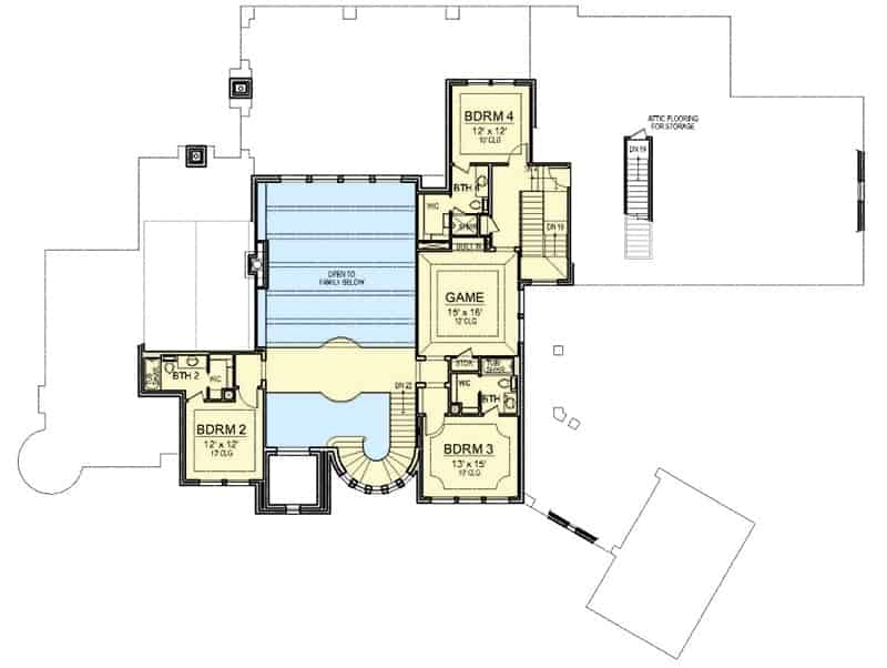 二楼平面图有三间卧室套房和一个大游戏室。