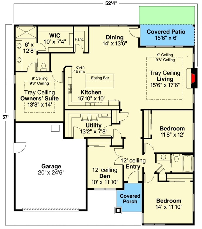 3整个平面图的卧室单层当代与前后门廊,门厅,客厅,厨房,餐厅,三个卧室,一个窝,杂物间,打开车库。