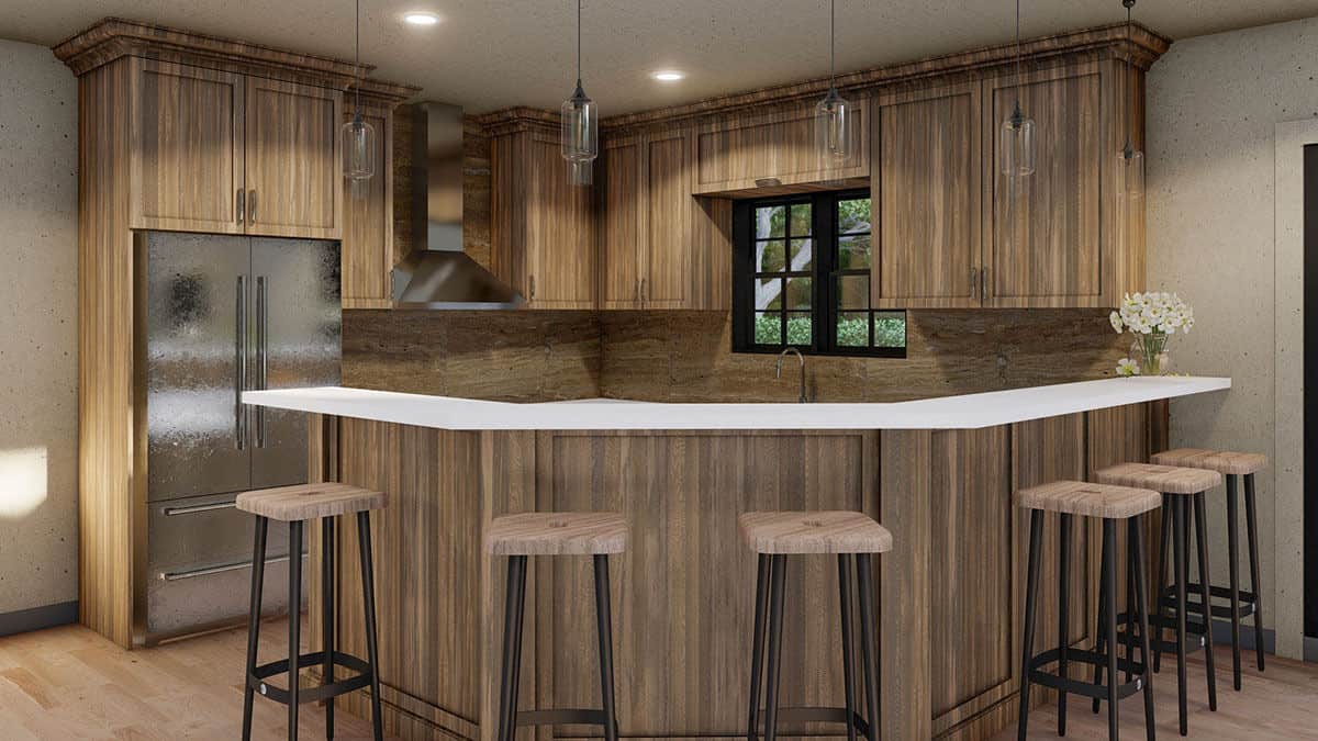 厨房包括木制橱柜，不锈钢电器，和一个倾斜的半岛与金属吧台凳和玻璃挂件。