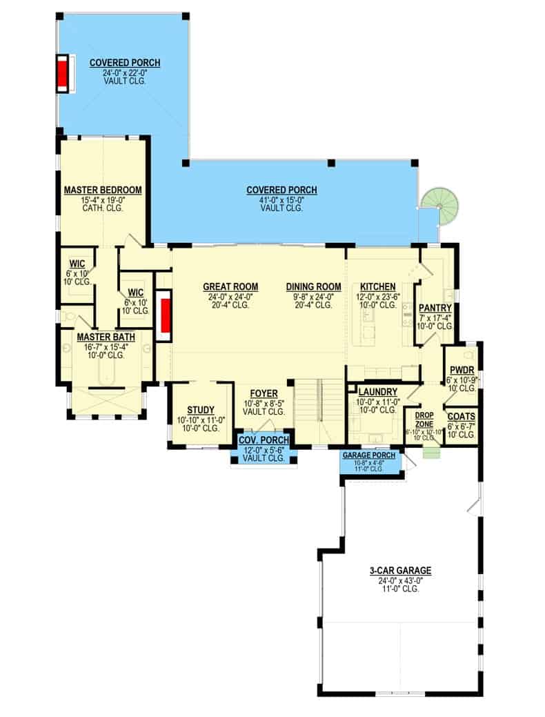 当代风格的四卧室三层住宅的主要楼层平面图，设有大房间，餐厅，厨房，洗衣房，书房，主要套房，一个通往车库的储藏室和一个环绕式后门廊。