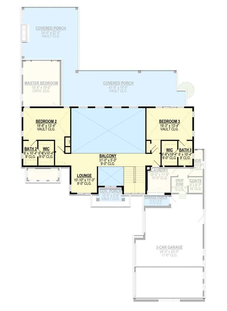 二层平面图，两间卧室套房由休息区和阳台分开。