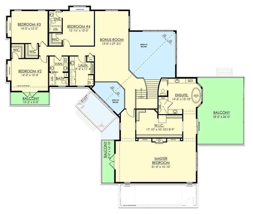 二层平面图有四间卧室，三间浴室，洗衣房和奖励房。