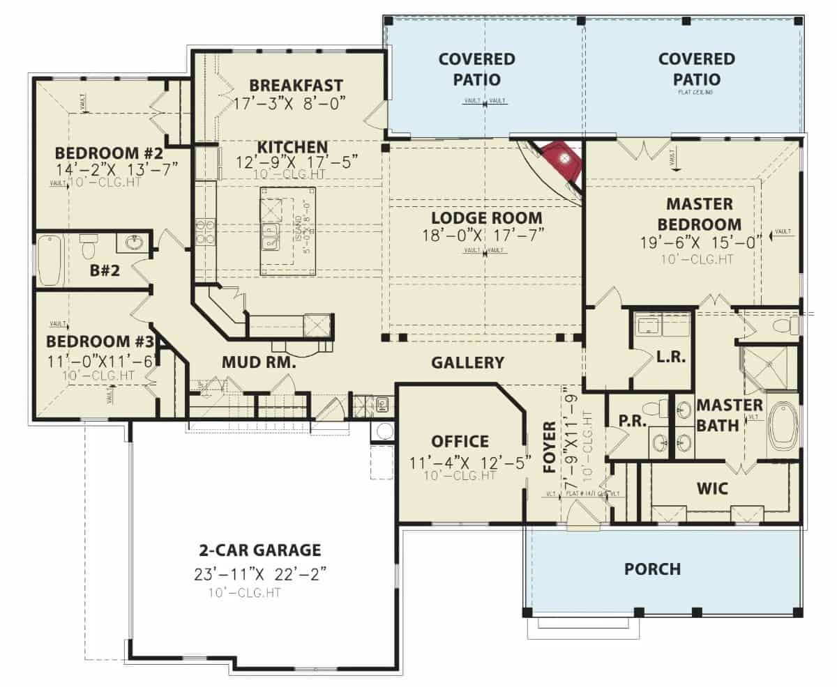 单层现代农舍风格的3卧室Sprucebow Cottage B的主平面平面图，设有门厅，小屋，厨房，早餐角，家庭办公室和通往车库的储藏室。